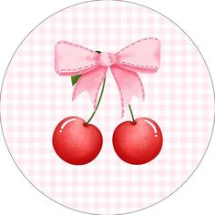 two cherries with pink bows on a gingham background