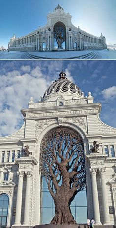 two pictures of the same building with trees on it