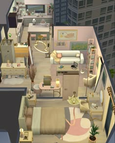 an aerial view of a bedroom and living room