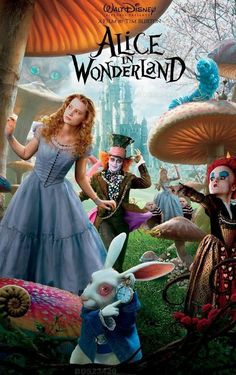 the movie poster for alice and the wonderland with characters in costume, including an adult rabbit