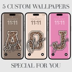 three cell phones with the word custom wallpapers in different colors and designs on them