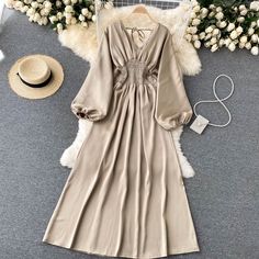 Cute v neck long sleeve dress fashion dressFabric: blendedColor: black, khaki, orange, greenSize(cm): free sizelength 140 bust 100 waist 50-80 V Neck Long Sleeve Dress, Ruffle Long Dress, Cute V, V Neck Midi Dress, Slim Dresses, Girls Fashion Clothes, Slim Waist, Dress Fashion, Elegant Dress