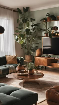 a living room filled with furniture and a large potted plant on top of a coffee table