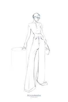 a drawing of a woman standing in front of a white background