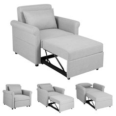 the reclining chair and footstool are shown in three different positions, including one with