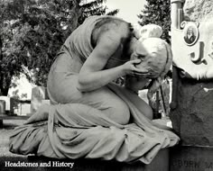 a statue of a woman with her head in her hands and the words headstones and history written on it