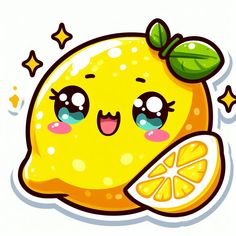 a cartoon lemon with big eyes and a green leaf on it's head