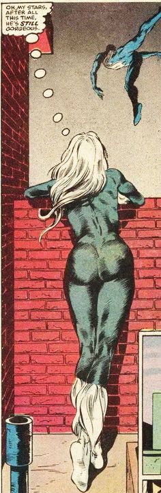 a comic strip with a woman standing on top of a brick wall next to a bird