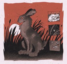 a drawing of a rabbit sitting in front of a red wall with pictures on it