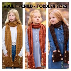 three different styles of crocheted scarves with the words adult child toddler sizes