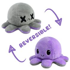 two stuffed animals with different shapes and sizes, one is gray and the other is purple