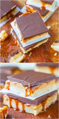 several pieces of dessert sitting on top of a wooden table with caramel drizzle