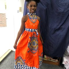 African Ankara Kids/Girls Handmade Long African Clothing Orange Background Polycotton Fabric Model Is Wearing Size 8y Dress For All Occasions Contact Me For Any Questions About This Item Modest Girls Clothes, Ankara Maxi Dress, Modest Girl, Dresses African, Girls Long Dresses, Polycotton Fabric, African Ankara, African Fashion Women Clothing, African Fashion Women