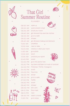 Discover the ultimate 'That Girl' summer routine! ☀️✨ From glowing skincare tips to chic outfit ideas and self-care rituals, this guide helps you embody effortless summer vibes. Perfect for setting a fresh, vibrant tone for your days. 🌿👗💧 #ThatGirlSummer #SummerRoutine #SkincareTips #ChicOutfits #SelfCare #SummerVibes #LifestyleTips #BeautyRoutine #PinterestFinds It Girl Summer Routine, Summer Self Care Aesthetic, Summer Holiday Routine, Summer Skincare Tips, Summer Routine For Teenagers, Healthy Summer Routine, Summer Glow Up, Summer Routines, Skincare Summer