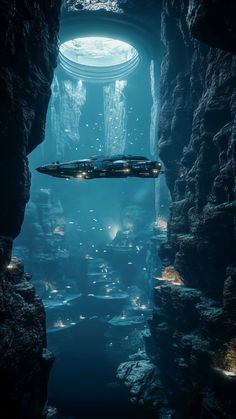 a submarine floating in the middle of a cave filled with water and light from below