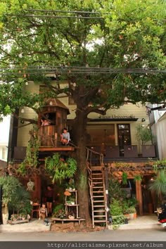 a tree house with people sitting on the top floor and stairs leading up to it