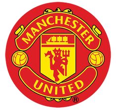 the manchester united logo is shown in red and yellow, with an emblem on it