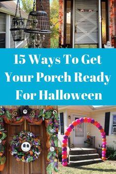 the front door is decorated for halloween with wreaths and decorations on it, and there are