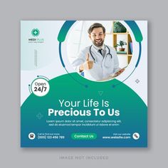 a medical flyer with a man in a lab coat giving the thumbs up and holding a stethoscope