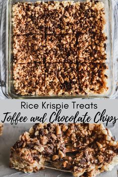 rice krispie treats in a glass baking dish with chocolate chips and pecans on top