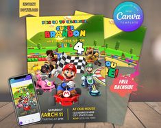 an image of mario kart birthday party flyer