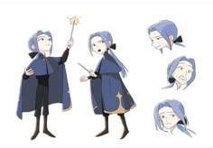 an animation character with blue hair holding a wand and pointing to the stars on his finger