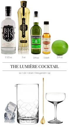 the different types of cocktails are shown in this image, including limes and gin