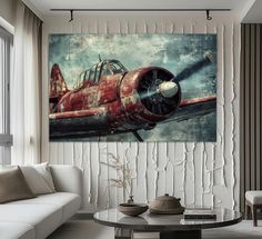 an airplane painted on the wall in a living room