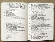 an open notebook with writing on it and the words gratitude written in cursive ink