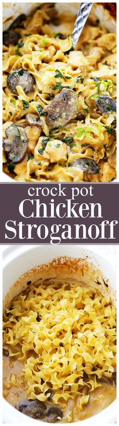 an image of chicken stroganoni casserole in a white dish with text overlay