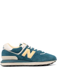 teal blue/banana yellow/off-white calf suede leather trim colour-block panelled design front lace-up fastening contrasting branded heel counter padded ankle logo patch at the tongue logo patch to the side round toe removable insole partial lining chunky rubber lug sole New Balance 574 Legacy, Banana Yellow, Blue Banana, Balenciaga Track, New Balance 574, Vintage Suede, Balenciaga Triple S, Sneakers Blue, Derby Shoes