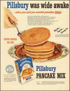 an advertisement for pillsbury pancake mix from the 1950's shows pancakes on a plate with butter