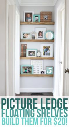 the inside of a room with shelves and pictures on them