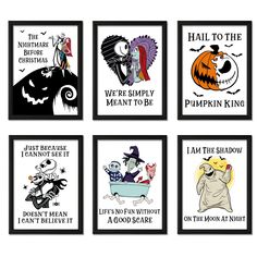 four framed halloween posters with different sayings on the front and back of each one