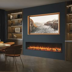 a living room with a fire place in the middle and a painting on the wall