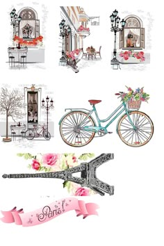 an image of a bicycle with flowers on the front and back wheel, in different positions