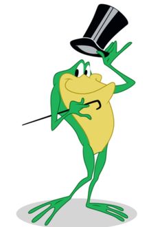 a cartoon frog wearing a top hat and holding a cane in one hand while standing on its hind legs