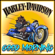 an image of a cartoon character on a motorcycle with the caption harley davidson good morning