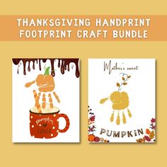 two thanksgiving handprint cards with pumpkins and a cup of coffee on the front