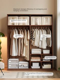 an organized closet with clothes and other items labeled on the shelves, including clothing hangers