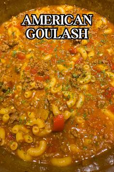 the words american goulash are in front of an image of macaroni and cheese