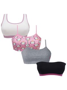 D'chica pack of 4 Beginner, Uniform, All day wear and Tube/strapless bra| KItty print and Solids Strap Yoga, Tube Bra, Everyday Bra, T Shirt Bra, Strapless Bra