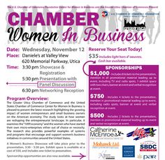 a flyer for a women in business event with the words,'chamberber women in business