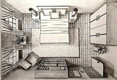 a drawing of a bedroom with drawers, bed and dressers in it's center