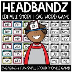 the headbandz editable short i cv word game is shown in black and white