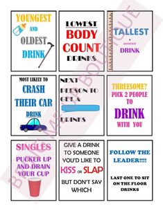 four different types of cards with the words, drinks and other things to drink on them