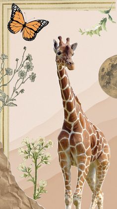 a giraffe standing in front of a butterfly and flowers