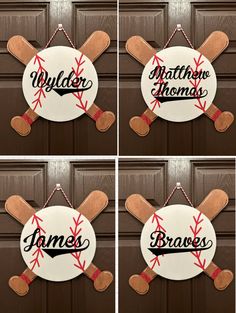 four pictures of baseballs and bats with names on them hanging from the front door