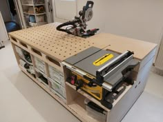 a workbench with tools on top of it