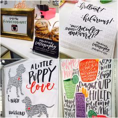 four different hand lettering styles are shown in this collage, each with an image of a dog and the words'little puppy love '